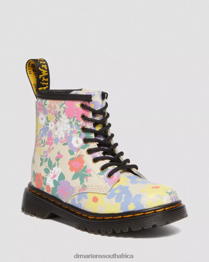 Toddler 1460 Floral Mash Up Leather Lace Up Boots Dr. Martens Kids Footwear 2J208N415 Parchment Beige Floral Mash Up K Hydro
