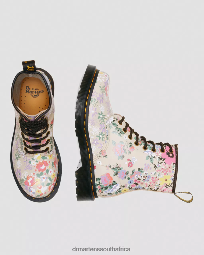 1460 Floral Mash Up Leather Lace Up Boots Dr. Martens Women Footwear 2J208N129 Parchment Beige Phantom Floral Shadow Backhand