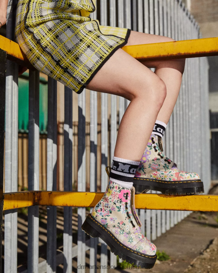 Sinclair Floral Mash Up Leather Platform Boots Dr. Martens Women Footwear 2J208N143 Parchment Beige Phantom Floral Shadow Backhand