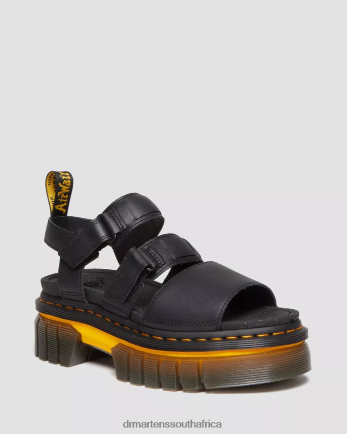 Ricki Contrast Sole Leather 3-Strap Platform Sandals Dr. Martens Women Footwear 2J208N273 Black Polished Lucido